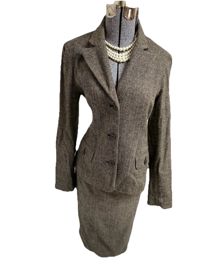 Traje Falda Anne Klein Talla 8 Chaqueta 6 Falda Conjunto de Dos Piezas Lana Espiga LEER Foto 1 de 4