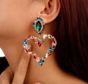 Oversized Women Earrings Multicolored Rhinestone Heart Shaped Fashion Earings - Picture 1 of 10