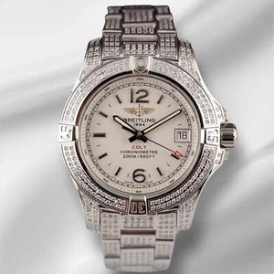Breitling 33mm Colt Mujer 3ct Helado Diamantes Blanco Esfera Acero Reloj A77388 - Imagen 1 de 12