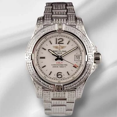 Breitling 33mm Colt Mujer 3ct Helado Diamantes Blanco Esfera Acero Reloj A77388 - Imagen 1 de 4
