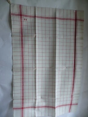 Torchon ancien en lin liteaux rouges carreaux ourlet mains et cordon d'attache  - Photo 1/4