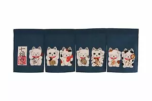 Japanese Doorway Curtain Noren "Seven Lucky Cats" Navy 85cmx30cm Made in Japan - Picture 1 of 6