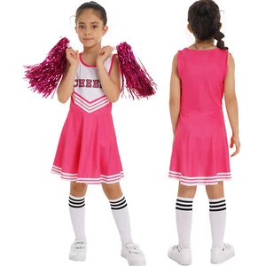 Kids Cheer Leader Costumes Cheerleading Uniform Dress with Stockings Pom Poms - Picture 1 of 66