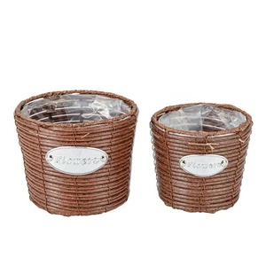 Set of 2 Brown Woven Wicker Planter Baskets w/Plastic Lining for Plants Flowers - Picture 1 of 5