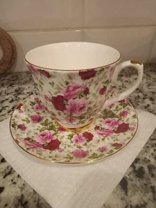 Crown Trent Fine English Bone China Tea Cup & Saucer Set SUMMERTIME PINK CHINTZ - Picture 1 of 4