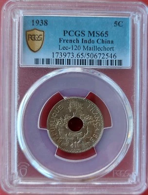 FRENCH INDO CHINA 5 CENTS UNC COIN 1938 YEAR KM#18.1a Lec-120 PCGS MS65 - Image 1 of 3