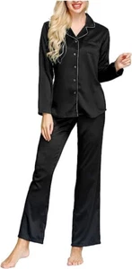 INK+IVY Women's, Satin Long Sleeve Button Top & Trouser Pajama Set, Black, S - Picture 1 of 3