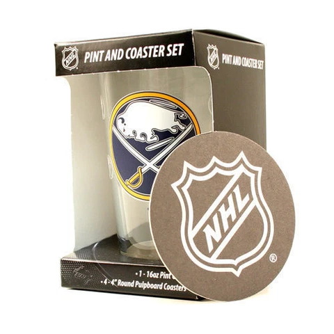 BUFFALO SABRES 16OZ PINT GLASS SET COMES WITH 4 COASTERS NEW AND TEAM LOGO Cover