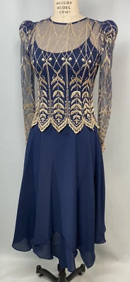 Vintage Dress SIZE SMALL 7 /8 navy blue gold CACHET lace 70s 80s 40s georgette - Image 1 of 4