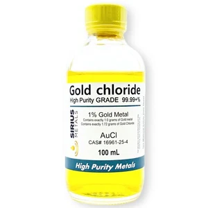 Cloruro d'oro - 1,725% (1,0% come metallo oro puro 99,997%) -100 ml in bottiglia di vetro - Foto 1 di 1