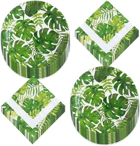 Tropical Green Palm Leaf Paper Dinner Plates and Napkins (Serves 16) - Picture 1 of 4