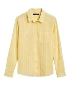 NEW Banana Republic Womens Quinn Boy Fit Yellow Stripe Blouse Linen Cotton M NWT - Picture 1 of 3