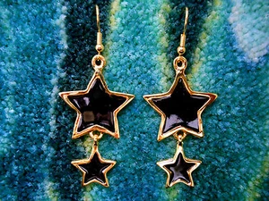 Kenneth Jay Lane Satin Gold Plated Black Star Fishhook Pierced Earrings - Picture 1 of 1