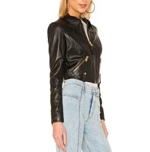 Mujer Bolero Encogerse de hombros Cuero Recortado Diseñador Chaqueta Motociclista para Mujer - Imagen 1 de 4