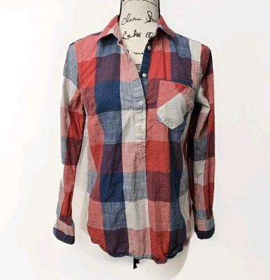 Camisa a Cuadros con Botones Manga Larga Bolsillo Informal Top Rojo Azul Talla S Foto 1 de 4