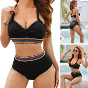 Womens Bikini Set Bralette High-Waisted Bikini Soft Rib Black - Picture 1 of 5