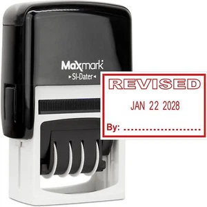 Office Self Inking Date Stamp with Phrase Revised - Red Ink - Picture 1 of 5