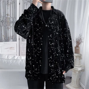 Men Silky Shirt Tops Shiny Star Sky Printed Long Sleeve Gothic Party Club - Picture 1 of 12
