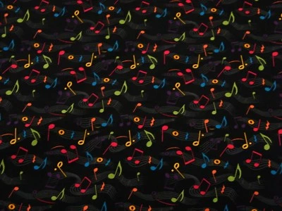 BTY MUSICAL NOTES on Black Print 100% Cotton Quilt Craft Fabric by YARD - Image 1 of 2