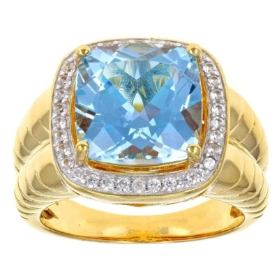 8.50 Ctw Cushion Cut Aquamarine 14K Yellow Gold Over Halo Wedding Ring For Men's - Image 1 of 4