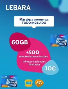 Tarjeta Prepago Esim Lebara 60 Gb + llamadas ilimitadas - ESIM - Imagen 1 de 1
