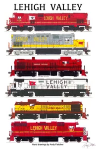 Poster ferroviario Lehigh Valley Locomotives 11"x17" firmato da Andy Fletcher - Foto 1 di 1