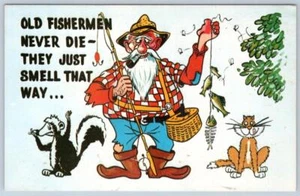 OLD FISHERMEN NEVER DIE SKUNK CAT WONDERLAND GIFT SHOP WINCHESTER VA POSTCARD - Picture 1 of 2