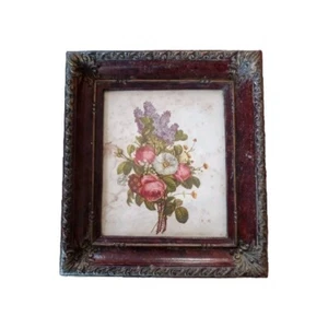 Vintage Wall Decor Miniature Floral 6"x7" Print In Ornate Wooden Frame 8.5"x9.5" - Picture 1 of 11