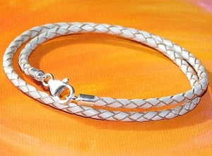 Herren / Damen 3mm Licht Silber Leder & Sterling Silber Armband - - Picture 1 of 3