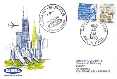 SA28k United States, Chicago 1980 to Brussels, 1st flight, Sabena, cover - Image 1 of 2