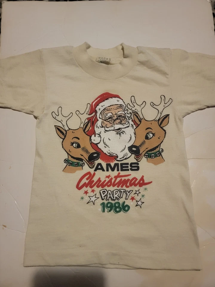 Vintage 1980s Toddler Christmas Party Reindeer Santa Screen Stars Single Stitch - Image 1 of 4