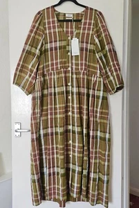BNWT TOAST Blouson Sleeve Strata Check Cotton 16 Dress Olive Tangerine RRP £175 - Picture 1 of 15