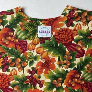 S.C.R.U.B.S. Scrub Top Sz Large Autumn Fall Leaves Acorns Berries Print Vtg USA - Picture 1 of 8