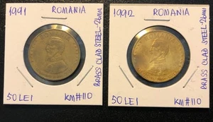 1991,1992 RUMÄNIEN 50 LEI 2ER SET MESSING PLATTIERTE STAHLMÜNZEN - 26MM - KM#110 - Bild 1 von 6
