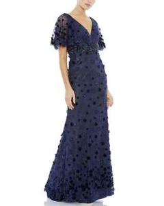 Mac Duggal Midnight Blue Floral Appliqué Flutter Sleeve Bead Waist Gown 18 $698 - Picture 1 of 3