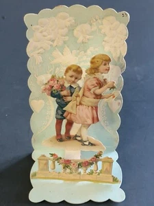 Flower Boy & Girl Vintage c1910 Stand Up-Die Cut Valentine - Picture 1 of 4