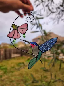 Suncatcher Glass Hummingbird, Stained Glass Window Hanging Ornament, Bird Gift - Picture 1 of 31
