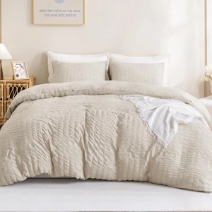 Beige Seersucker Comforter Set Full Size, 3 Pieces Cute Lightweight Seersucker B - Picture 1 of 8