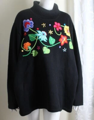 NEW Quacker Factory Sz 3X Colorful Black Embroidered Floral T-Neck Sweater - Image 1 of 4