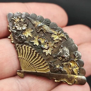 Antique Japanese Shakudo Fan Brooch Brosche Japan Antik Vögel Blumen Jugendstil  - Bild 1 von 9