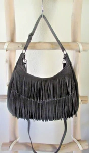 MINNETONKA M BLACK SUEDE ZIP TOP WESTERN HOBO / X-BODY BAG DECORATIVE FRILLS - Picture 1 of 9