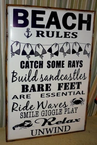 Heavy metal BEACH RULES SIGN. Black text & Images on white.   17 1/2 " x 26 " - Picture 1 of 5