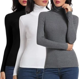 LADIES WOMENS POLO HIGH NECK SHIRT TURTLE NECK PLAIN JUMPER TOP LONG SLEEVE 4-26 - Picture 1 of 11