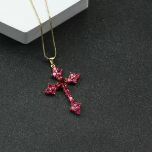 3.00 Ct Round Cut Lab Created Ruby Cross Pendant 14K Yellow Gold Plated - Picture 1 of 4
