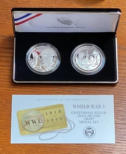 2018 WORLD WAR 1 CENTENNIAL SILVER DOLLAR AND ARMY MEDAL SET (WITH BOX & COA) - Picture 1 of 6