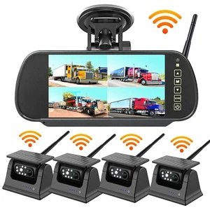 4 Solar Magnetic Wireless Backup Camera+7" Quad Mirror Monitor for Truck/Trailer - Picture 1 of 16