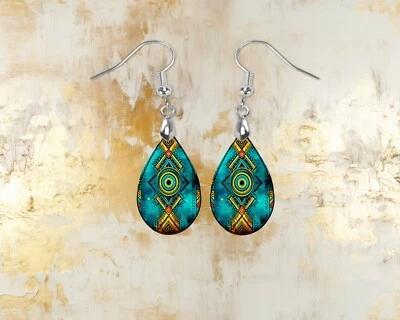 Turquoise and Yellow Tribal Wood Dangle Teardrop Print Earrings Jewelry - Image 1 of 4