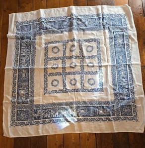 Vintage Blue White Linen Tablecloth Square Border Print Bavarian 46" - Picture 1 of 6