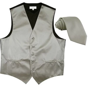 New men's tuxedo vest waistcoat & neck tie horizontal stripes prom gray formal - Picture 1 of 3