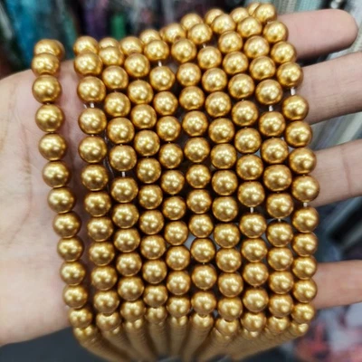 Golden Yellow Shell Pearl Necklace, High Quality Smooth Round Pearls Beaded - Image 1 of 2